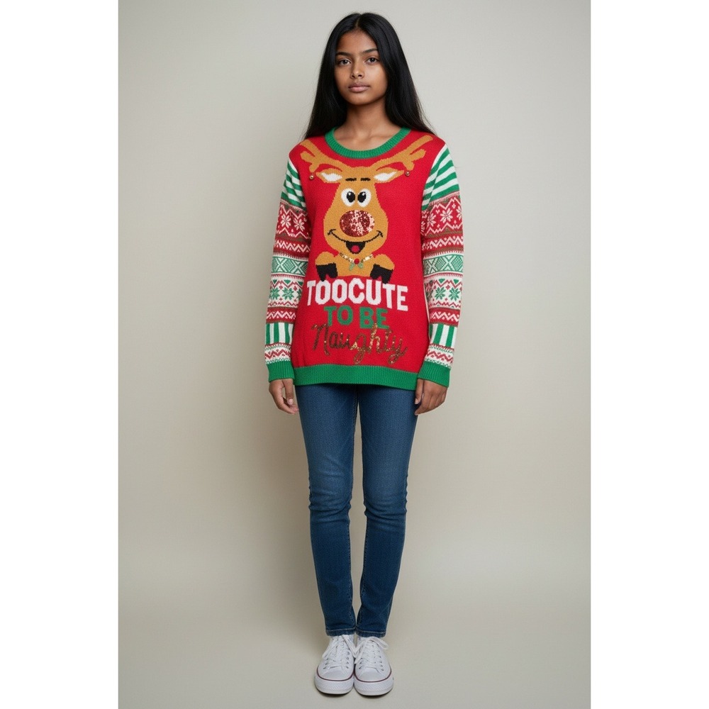 Holiday Time Kids Reindeer Ugly Christmas Sweater Red Too Cute To Be Naughty